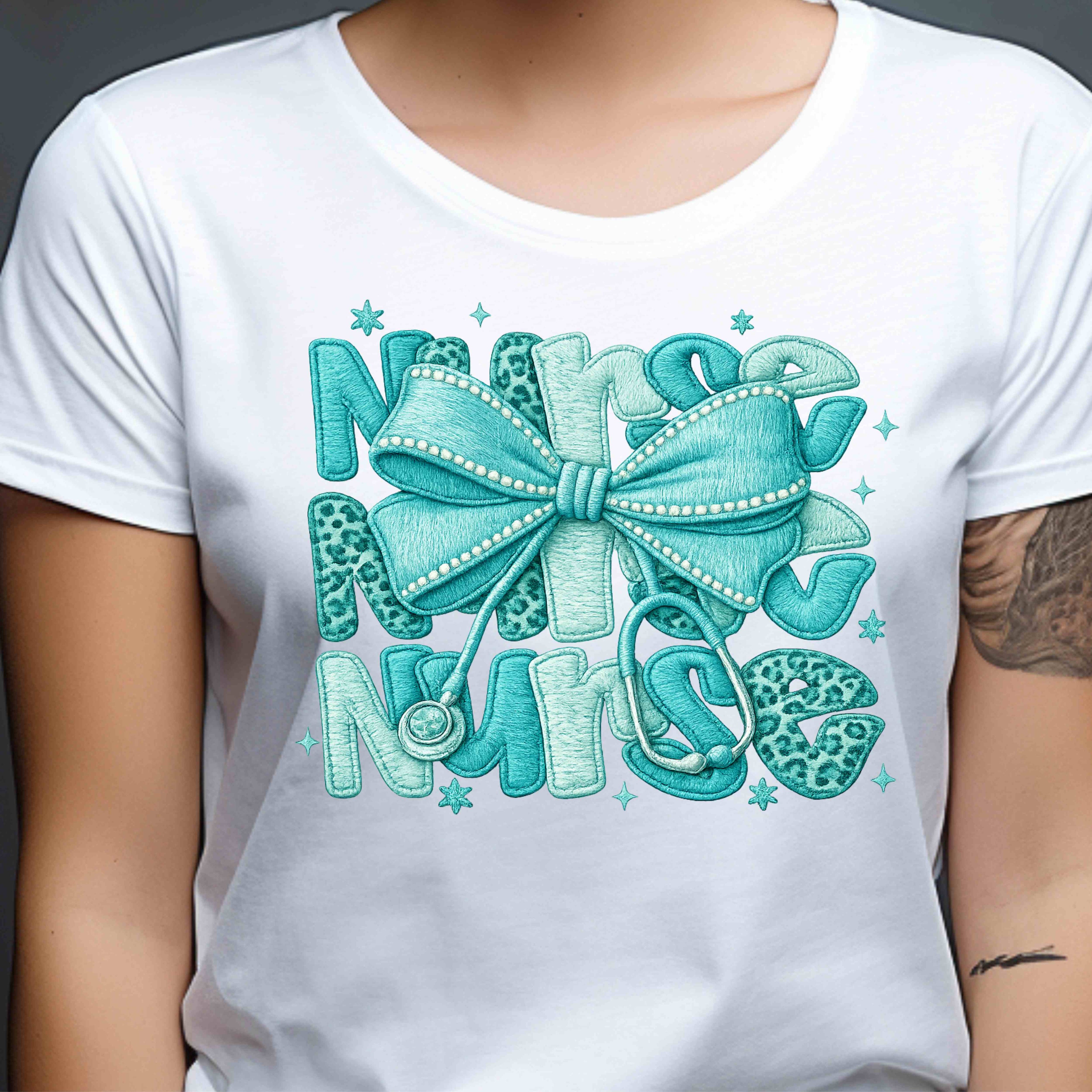 Nurse Graphic Tee — Teal Bow & Leopard Print