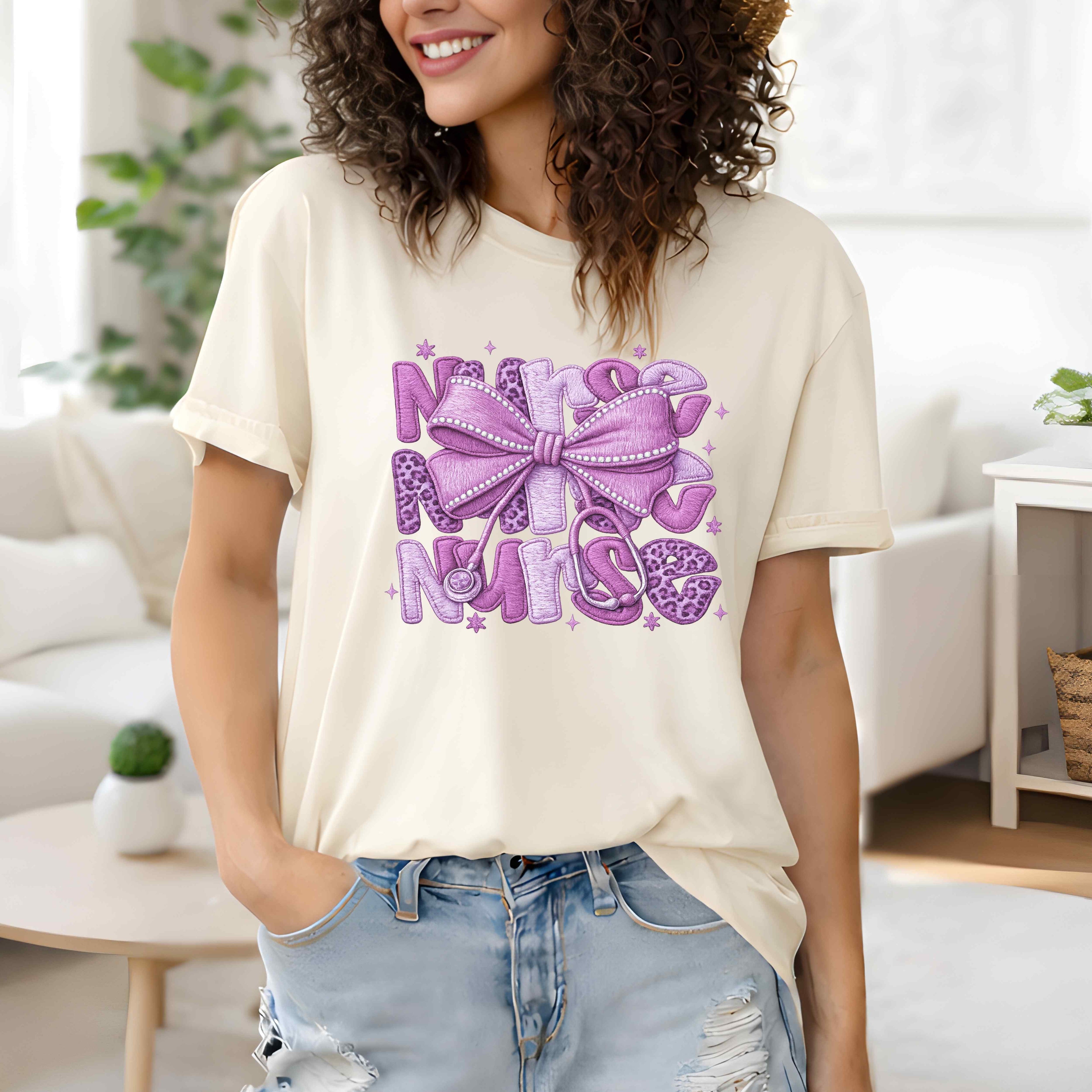Nurse Graphic Tee — Purple Bow & Leopard Print